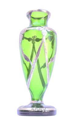 Art Nouveau c. 1900 Silver Overlay Emerald Green Glass Vase Floral Design