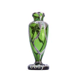 Art Nouveau c. 1900 Silver Overlay Emerald Green Glass Vase Floral Design