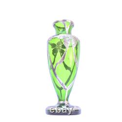 Art Nouveau c. 1900 Silver Overlay Emerald Green Glass Vase Floral Design