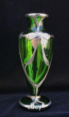 Art Nouveau c. 1900 Silver Overlay Emerald Green Glass Vase Floral Design