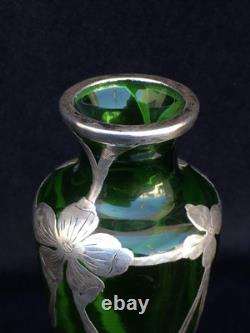 Art Nouveau c. 1900 Silver Overlay Emerald Green Glass Vase Floral Design