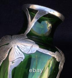 Art Nouveau c. 1900 Silver Overlay Emerald Green Glass Vase Floral Design
