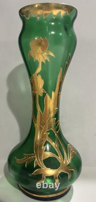 Art Nouveau green Glass Vase with gold gilding floral design bohemian