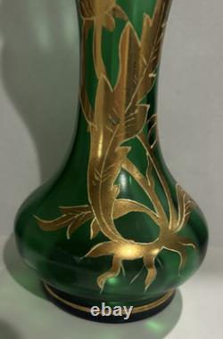 Art Nouveau green Glass Vase with gold gilding floral design bohemian
