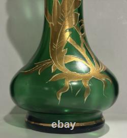 Art Nouveau green Glass Vase with gold gilding floral design bohemian