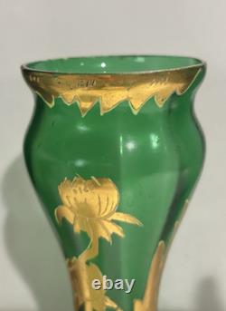 Art Nouveau green Glass Vase with gold gilding floral design bohemian