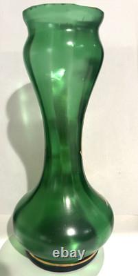 Art Nouveau green Glass Vase with gold gilding floral design bohemian