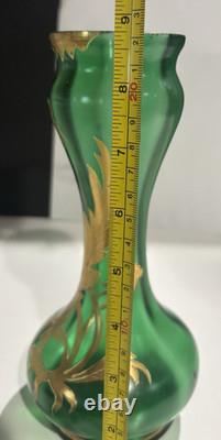 Art Nouveau green Glass Vase with gold gilding floral design bohemian