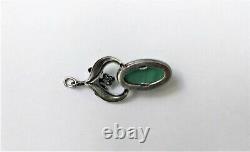 Art Nouveau green chalcedony cabochon silver leaf banded agate pendant