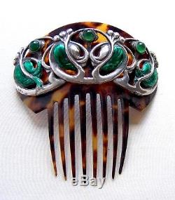 Art Nouveau hair comb sterling silver green cabochon hair ornament