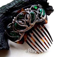 Art Nouveau hair comb sterling silver green cabochon hair ornament