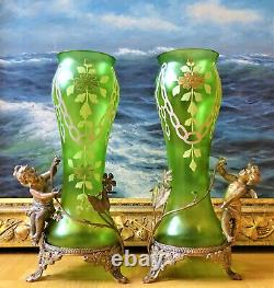 Art Nouveau in Paris Baccarat Art Nouveau Antique Putte & Elf Pair of Glass Vases 1890