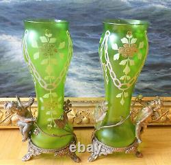 Art Nouveau in Paris Baccarat Art Nouveau Antique Putte & Elf Pair of Glass Vases 1890