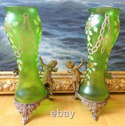 Art Nouveau in Paris Baccarat Art Nouveau Antique Putte & Elf Pair of Glass Vases 1890