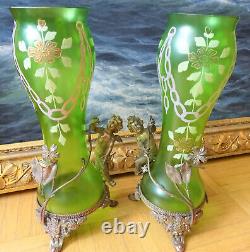 Art Nouveau in Paris Baccarat Art Nouveau Antique Putte & Elf Pair of Glass Vases 1890