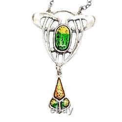 Art Nouveau sterling silver green yellow enamel lavaliere openwork pendant