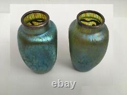 Art Nouveu Loetz Green Iridescent PAIR Art Glass Vases Silver Overlay