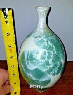 Art Pottery Crystalline Leaves MInt Green Art Nouveau Ceramic Vase Belden 7.5