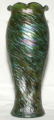 Art glass Vase, Loetz, Rindskopf, Austria, iridescent, green, red spot, 13 c1900