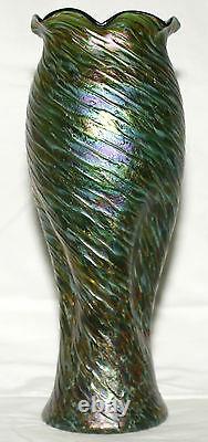 Art glass Vase, Loetz, Rindskopf, Austria, iridescent, green, red spot, 13 c1900