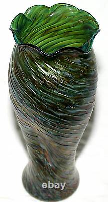 Art glass Vase, Loetz, Rindskopf, Austria, iridescent, green, red spot, 13 c1900