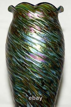 Art glass Vase, Loetz, Rindskopf, Austria, iridescent, green, red spot, 13 c1900