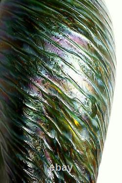 Art glass Vase, Loetz, Rindskopf, Austria, iridescent, green, red spot, 13 c1900