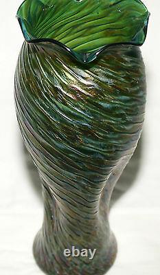 Art glass Vase, Loetz, Rindskopf, Austria, iridescent, green, red spot, 13 c1900