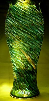 Art glass Vase, Loetz, Rindskopf, Austria, iridescent, green, red spot, 13 c1900