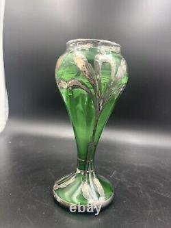 Art nouveau green glass vase with silver overlay