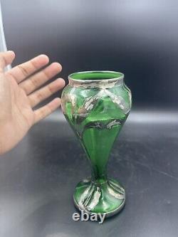 Art nouveau green glass vase with silver overlay