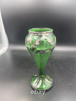 Art nouveau green glass vase with silver overlay