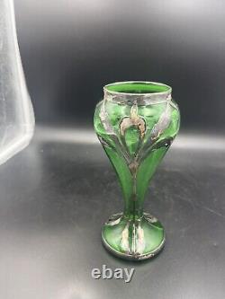 Art nouveau green glass vase with silver overlay