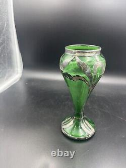 Art nouveau green glass vase with silver overlay