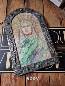 Arts and crafts nouveau style maiden pewter mixed metal frame green cabouchon