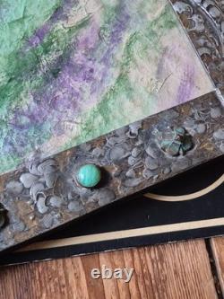 Arts and crafts nouveau style maiden pewter mixed metal frame green cabouchon