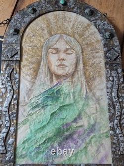 Arts and crafts nouveau style maiden pewter mixed metal frame green cabouchon