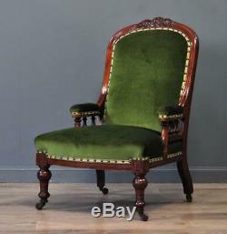 Attractive Antique Victorian Mahogany Green Upholstered Fireside Armchair Chair