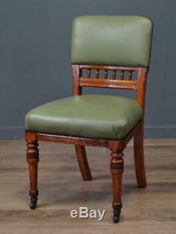 Attractive Set Of Six Antique Victorian Turned Oak & Green Vinyl Dining Chairs