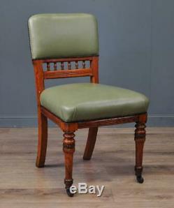 Attractive Set Of Six Antique Victorian Turned Oak & Green Vinyl Dining Chairs
