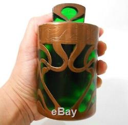 Austrian Art Nouveau Early 20th C Vint Copper Overlay Emerald Grn Glass Jar/lid