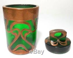 Austrian Art Nouveau Early 20th C Vint Copper Overlay Emerald Grn Glass Jar/lid