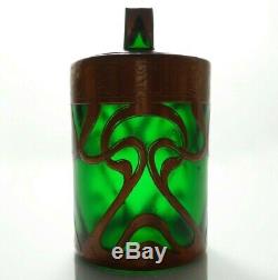 Austrian Art Nouveau Early 20th C Vint Copper Overlay Emerald Grn Glass Jar/lid