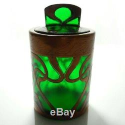 Austrian Art Nouveau Early 20th C Vint Copper Overlay Emerald Grn Glass Jar/lid