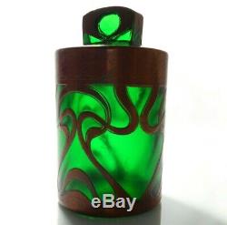 Austrian Art Nouveau Early 20th C Vint Copper Overlay Emerald Grn Glass Jar/lid