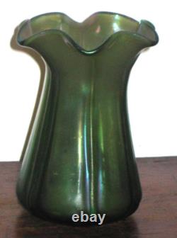 Austrian Bohemian Iridescent Green Ribbed Vase Art Nouveau