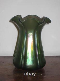 Austrian Bohemian Iridescent Green Ribbed Vase Art Nouveau