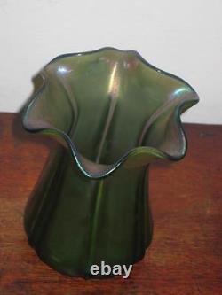 Austrian Bohemian Iridescent Green Ribbed Vase Art Nouveau