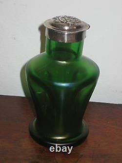 Austrian Bohemian Pos Loetz Iridescent Green Bottle Flask Art Nouveau Silver Top