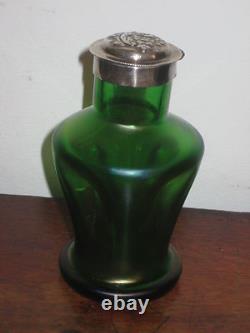 Austrian Bohemian Pos Loetz Iridescent Green Bottle Flask Art Nouveau Silver Top